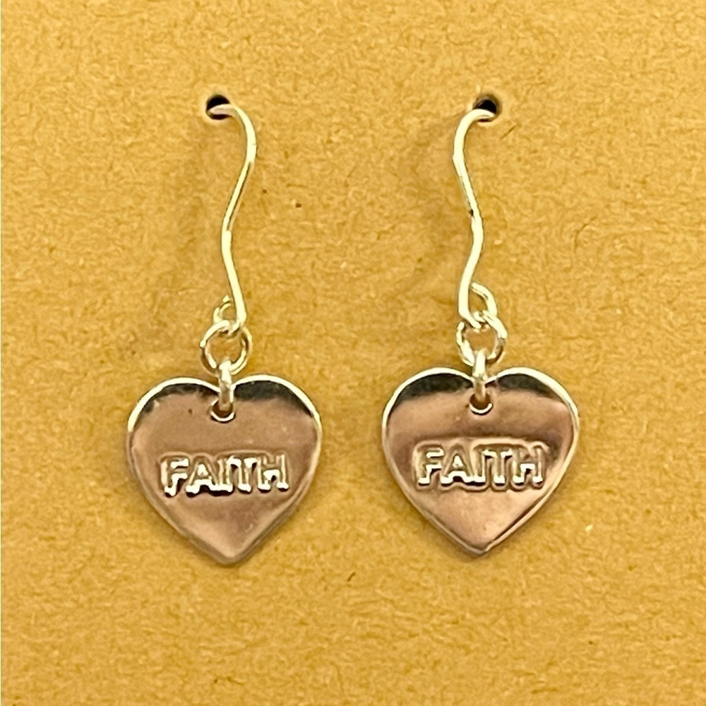 Sterling Silver FAITH Engraved Heart Dangle Earrings - Picture 1 of 3